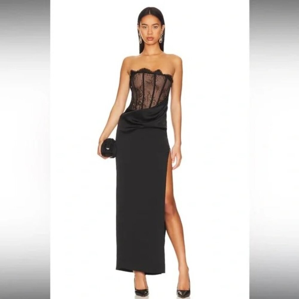 REVOLVE Black Strapless Lace Corset Column Gown with Side Slit